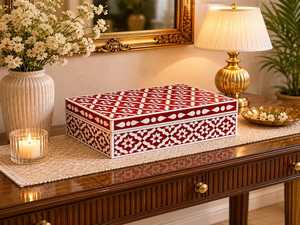 Boîte à bijoux décorative géométrique en os incrusté rouge et blanc, faite à la main, pour la décoration de la maison - Product Image 5