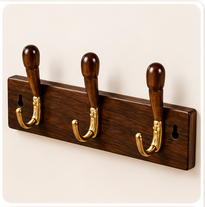 Premium Solid Walnut Modern <b>Wall</b> Mounted <b>Coat</b> <b>Rack</b> with 3 Antique Brass Hooks Wood Hook Rail Kitchen & Bathroom Organization - Product Image 1