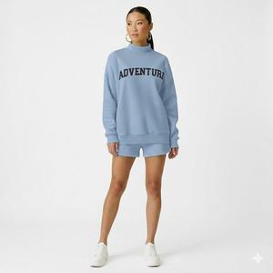 Conjunto de Sudadera Oversize de Cuello Alto con Estampado de Texto 'ADVENTURE' y Pantalones Cortos para Mujer, Color Negro, Manga Larga, Estilo Casual y Deportivo - Product Image 3
