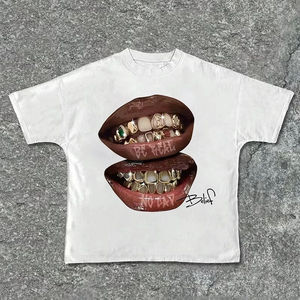 Camiseta Chic Lips Golden Teeth Vintage Rock Goth Casual de Verano de Manga Corta Oversize 100% Algodón Estilo Urbano - Product Image 2