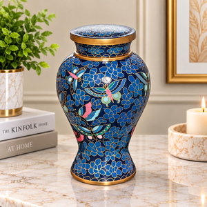 Urne funéraire artisanale en métal noir avec motifs floraux en feuille d'érable orange et accents dorés antiques, porte-cendres commémoratif - Product Image 5