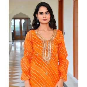 Ensemble Kurta Leheriya de style bohème en tissu chiffon orange rouille XS - Product Image 1