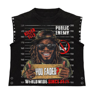 เสื้อยืดผู้ชายผ้าฝ้าย 100% ทรงหลวม หนัก 220 GSM ผ้าฝ้ายเนื้อหนา เสื้อกล้ามสีดำลายกราฟิกวินเทจ พิมพ์ลายแบบทำเก่า - Product Image 1