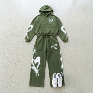 Conjunto Deportivo de Dos Piezas para Mujer, Sudadera con Capucha y Estampado de Corazón en Verde Oliva, Pantalones Jogger de Pierna Ancha, Estilo Casual Urbano - Product Image 5