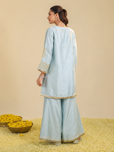 Conjunto de Kurta Bohobi para Mujer, Color Azul Polvo, Tejido, Cintura Natural, Lavable, Elegante, Cuello en V, Manga Acampanada, Bordado a Mano, para Fiesta, Gulmarg - Product Image 6