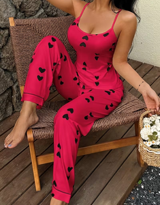 Women Heart Print Spaghetti Strap 2-Piece Pajama Set Soft Knitted Sleepwear Elastic Waist Full Length Casual Summer Loungewear - Product Image 6