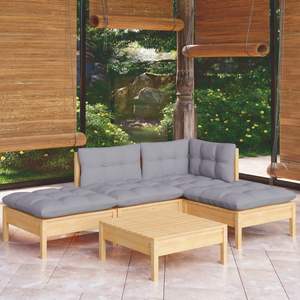Conjunto de Muebles de Jardín de Madera de Pino Maciza con Cojines Grises de Poliéster Resistente para Entretenimiento al Aire Libre - Product Image 1