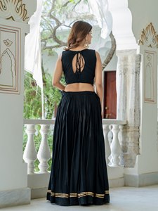 Black Gold Embroidered Polyester Quick Dry All Seasons Navratri Lehenga Set Sleeveless Crop <b>Top</b> Pleated Skirt <b>Net</b> Dupatta - Product Image 4