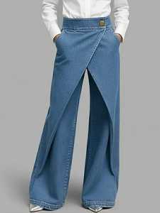 Jean asymétrique taille mi-haute à jambe large en denim bleu uni, longueur intégrale, style streetwear pour femme, écologique, collection printemps - Product Image 1