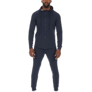 Survêtement à capuche bleu marine pour homme, fermeture éclair intégrale, coupe classique, couleur unie, vêtement décontracté d'automne avec poches latérales, 100% polyester - Product Image 1