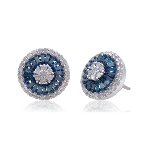 1.13 Cttw Round Baguette Cut White and Blue Natural Diamond Stud Earring For Women 925 Sterling Silver, (Color G-H, P2 Clarity) - Product Image 1