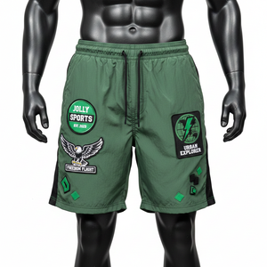 Soft lightweight polyester windbreaker <b>shorts</b> green black mesh panel embroidery <b>patch</b> heat transfer custom logo <b>men's</b> <b>shorts</b> - Product Image 5