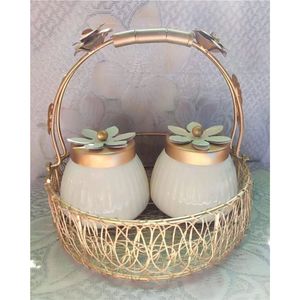 Luxury Glass Storage <b>Jars</b> with Metallic Floral Lids in Decorative Gold Wire Basket Modern Kitchen Organizer Serving Tray Set <b>Jar</b> - Product Image 1