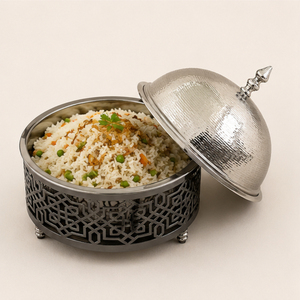 Olla de lujo de acero inoxidable con caligrafía árabe, calentador de alimentos aislado con tapa abovedada martillada para buffet de hotel - Product Image 4