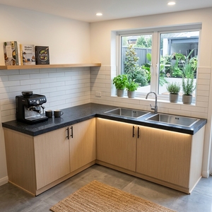 Muebles de Cocina Modulares Modernos de Madera en Forma de L con Encimera de Cuarzo Negro, Fregadero Doble, Base y Isla - Product Image 4