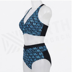 Ensemble bikini 2 pièces noir pour femme, haut croisé à licou, bas taille haute, imprimé lettres, en spandex et polyester extensible, maillot de bain - Product Image 3