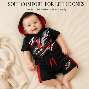 Conjunto de Camiseta con Capucha y Pantalones Cortos Urban Force, Estampado Digital Negro y Rojo, Atuendo Deportivo de Verano para Niños - Product Image 4