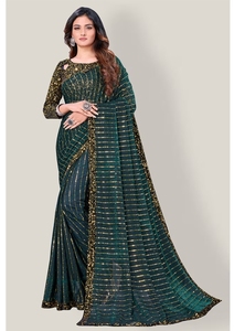 Sari en viscose fantaisie pour femme KV, avec blouse non cousue, réversible et infroissable, idéal pour les occasions de fête - Product Image 3