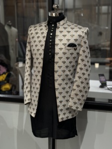 Designer <b>Men's</b> Wedding Sherwani Set Off-White Patterned Jacket Black <b>Kurta</b> Pant Groom Party Wrinkle Free Quick Dry Custom Made - Product Image 2
