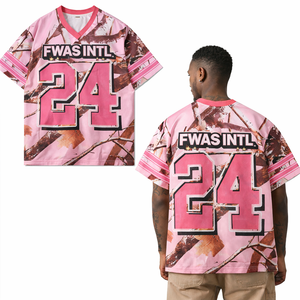 Vente en gros de maillots de football américain unisexes rose camouflage, personnalisés, en polyester respirant, sublimation, streetwear, t-shirts à col en V - Product Image 1