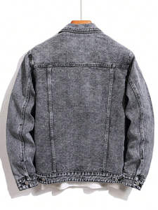 Chaqueta de Mezclilla Lavada para Hombre, Color Sólido, Cuello Camisero, Corte Regular, Estilo Casual Otoñal, Material de Algodón, Cierre de Botón - Product Image 2