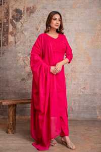 Conjunto de traje Salwar rosa de algodón hasta la rodilla con bordado y dupatta, ropa étnica tradicional para mujer, estilo informal de India y Pakistán - Product Image 3