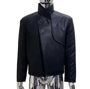 Blouson de moto unisexe noir en cuir véritable tanné, col montant, fermeture éclair, style chinois, coupe ajustée, longueur standard, pour l'automne, avec chaînes - Product Image 5