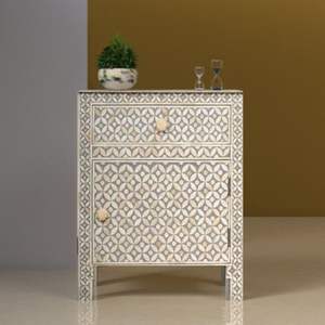 Élégante commode en bois avec tiroir latéral en os incrusté, motif artisanal décoratif, meuble de rangement pour chambre à coucher - Product Image 1