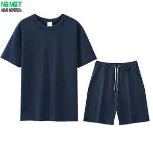 Men's Navy Blue 100% Cotton Gym Running Crew Neck Solid Color Casual Summer Breathable <b>Shorts</b> <b>Set</b> with Customized Logo - Product Image 2