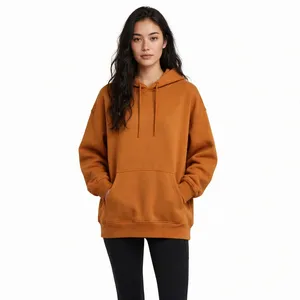 Sudadera con Capucha Extra Grande de Felpa Color Naranja Quemado para Mujer, con Bolsillo Tipo Canguro, Fabricante de Ropa con Etiqueta Privada OEM - Product Image 1