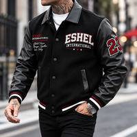 Blouson universitaire noir pour homme avec manches en cuir et broderie de lettres au dos – Veste décontractée d'automne – Prix de gros, OEM, prix abordable, personnalisable