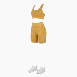 Women Mustard <b>Yellow</b> Acid Wash Yoga Set Sports <b>Bra</b> High Waist Biker Shorts Gym Fitness Workout Activewear - Product Image 1
