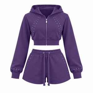 Custom <b>Rhinestone</b> Hooded Co Ord In 350 GSM Cotton Fleece With Cropped Zip <b>Top</b> for Women's Streetwear Brands - Product Image 3