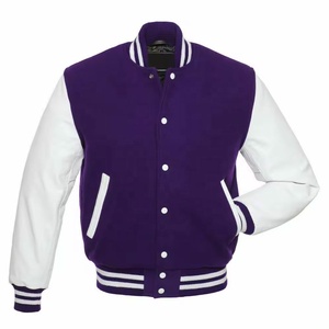 Veste universitaire en laine violette et blanche avec manches en cuir, ressemblant aux styles classiques de la baseball. - Product Image 1