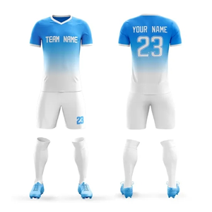 Maillot de football personnalisé pour homme, manches courtes, rouge et bleu, blocs de couleur, en polyester anti-humidité, uniforme de football avec impression nom et numéro, OEM - Product Image 4