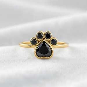 Bague en onyx noir avec empreinte de patte, argent sterling 925 plaqué or 14 carats, bijou minimaliste pour amoureux des animaux, chien, chat, cadeau - Product Image 1