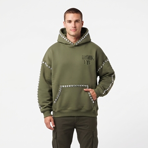 Sudadera con Capucha Verde Oliva para Hombre, Adornada con Pedrería, Corte Holgado, Hombros Caídos, Informal, de Algodón y Felpa, para Invierno - Product Image 4