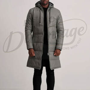 Manteau d'hiver matelassé long en cuir gris pour homme, avec capuche, en similicuir rembourré, parka de qualité supérieure - Product Image 4