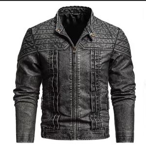 Blouson moto coupe-vent en cuir véritable noir pour homme, col montant, fermeture éclair, coupe ajustée, finition délavée, manches classiques, hiver - Product Image 1