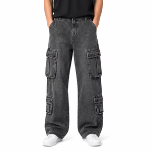 <b>Men</b>’s Premium Washed Black Denim Cargo Pants <b>Relaxed</b> <b>Fit</b> Utility <b>Jeans</b> Multi Pocket Design Streetwear Cargo <b>Jeans</b> Durable Cotton - Product Image 1