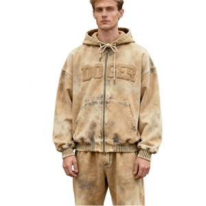 Ensemble de survêtement vintage personnalisé pour homme, comprenant un sweat à capuche zippé et un pantalon de jogging, avec effet délavé à l'acide et patchs en chenille appliqués - Product Image 1