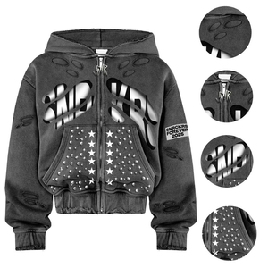 Custom Streetwear Heavyweight Acid Wash Tracksuit <b>Crop</b> <b>Zip</b> <b>Up</b> Hoodie and Distressed Rhinestone Sweatpants Set - Product Image 4