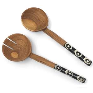 Ensemble de saladiers en émail au design tendance, bois naturel avec poignée imprimée en émail, ustensiles de service pour salade à prix d'usine très bas - Product Image 2