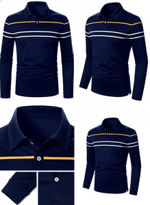 Camisa Polo a Rayas de Manga Larga Casual para Hombre - Corte Clásico Regular, Prendas de Otoño para Uso Diario - Product Image 4