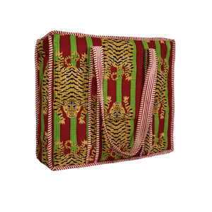 Handmade canvas Print Tiger Striped <b>Tote</b> <b>Bag</b> with <b>zip</b> - Red & Green - Product Image 2