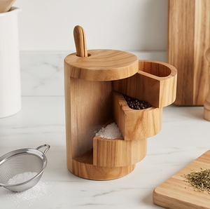 Bol à sel et poivre en bois avec compartiment de rangement à trois niveaux, design durable à commande manuelle pour des dîners élégants - Product Image 3