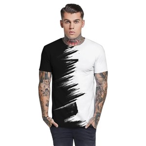 T-shirt décontracté pour homme à manches courtes, col rond, coupe classique, motif peint à la main noir et blanc, tissu tricoté - Product Image 3