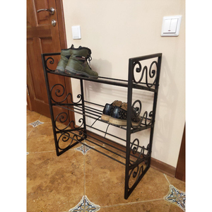 Organisateur de chaussures créatif en métal avec plateau en bois brun, étagère à chaussures autoportante pour entrée, tour de rangement gain de place, support à chaussures - Product Image 3