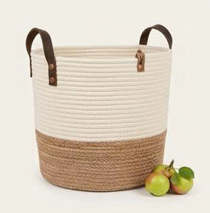 Paniers de rangement en corde nordique avec poignées, forme ronde, panier multi-usages pour l'organisation, blanc, marron, gris, design à pompons - Product Image 2