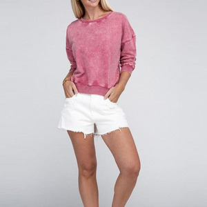 Sudadera de cuello redondo para mujer, con forro de punto, lavado ácido, estilo casual, para invierno y primavera, manga larga, 100% algodón, estilo urbano - Product Image 5
